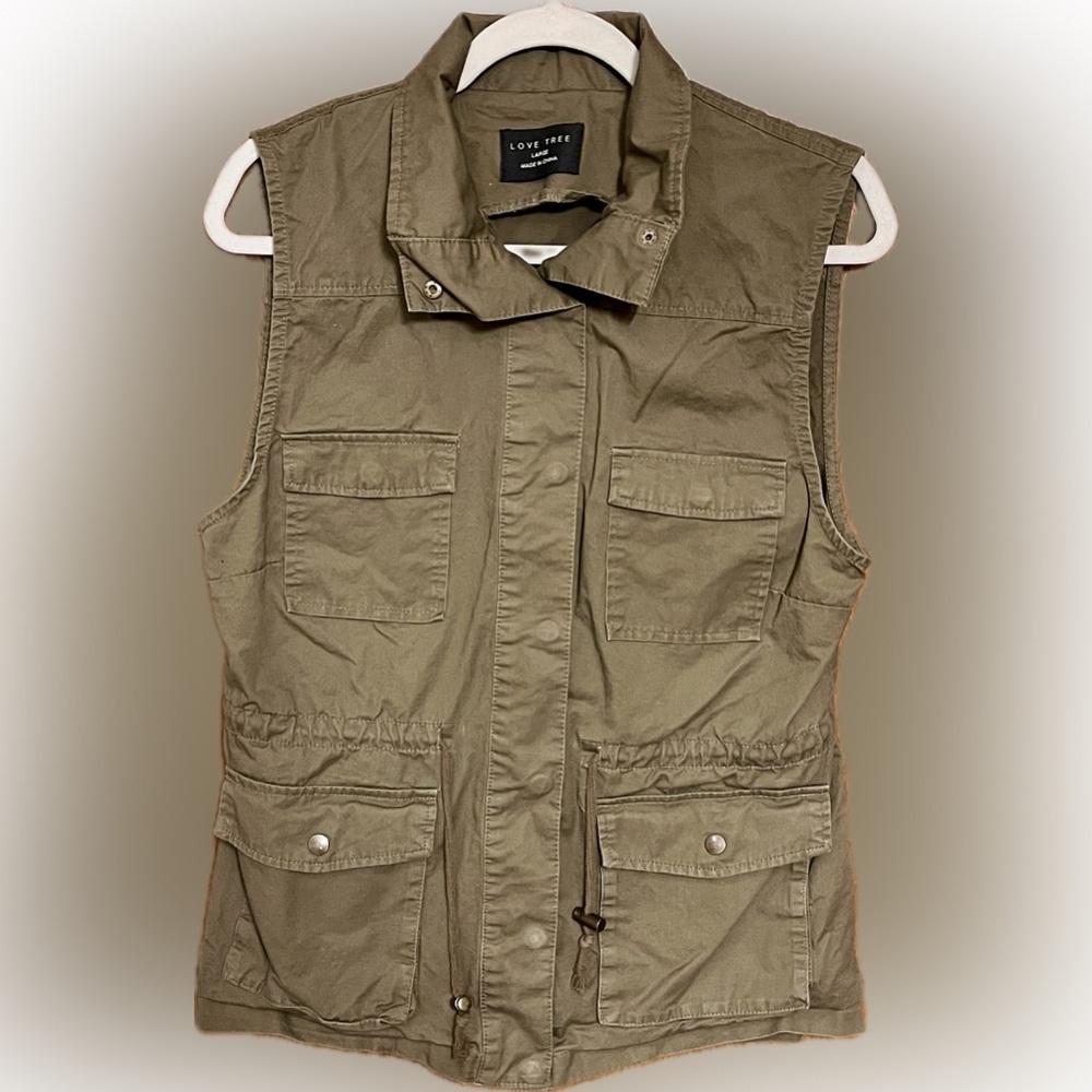 Love Tree Women’s Large Utility Vest Drawstring Snap Button Pockets Green